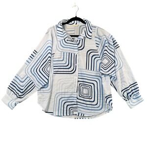 Doe and Rae Geometric Button Up Shirt Womens L Blue White Modern Minimal